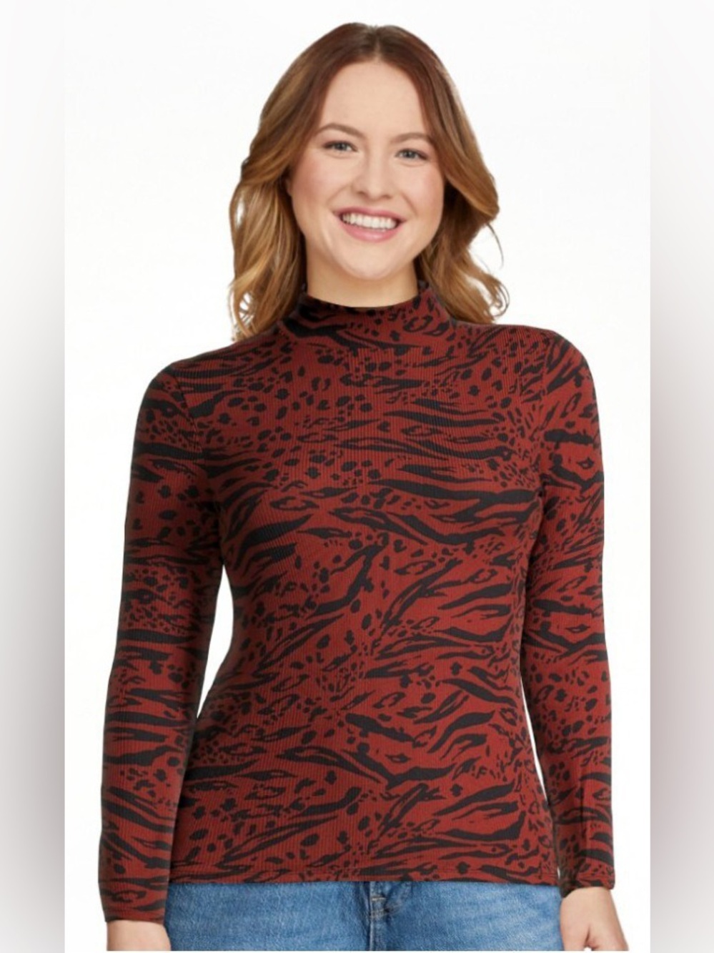 No Boundaries Rust and Black Animal-Print Turtleneck Long Sleeve Top - Size S